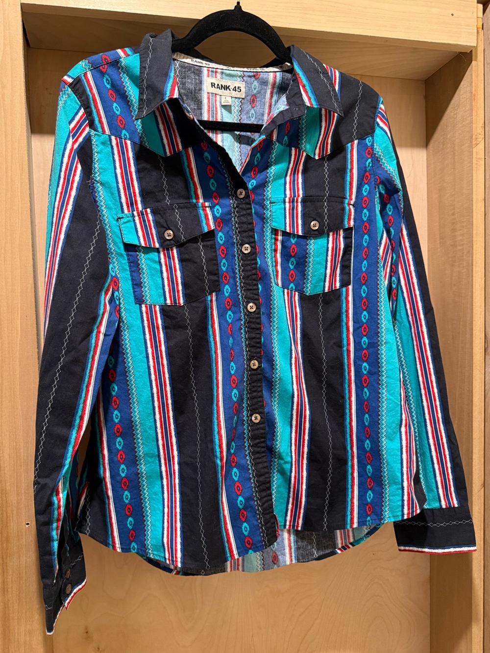 Rank 45 Women’s Teal & Black Striped Button-Up Shirt Size Large